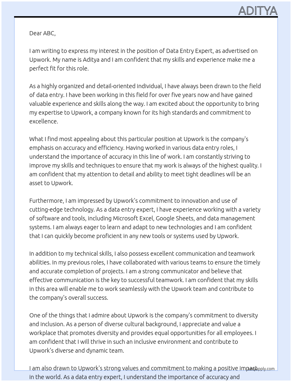 DATA ENTRY EXPERT At UPWORK Cover Letter