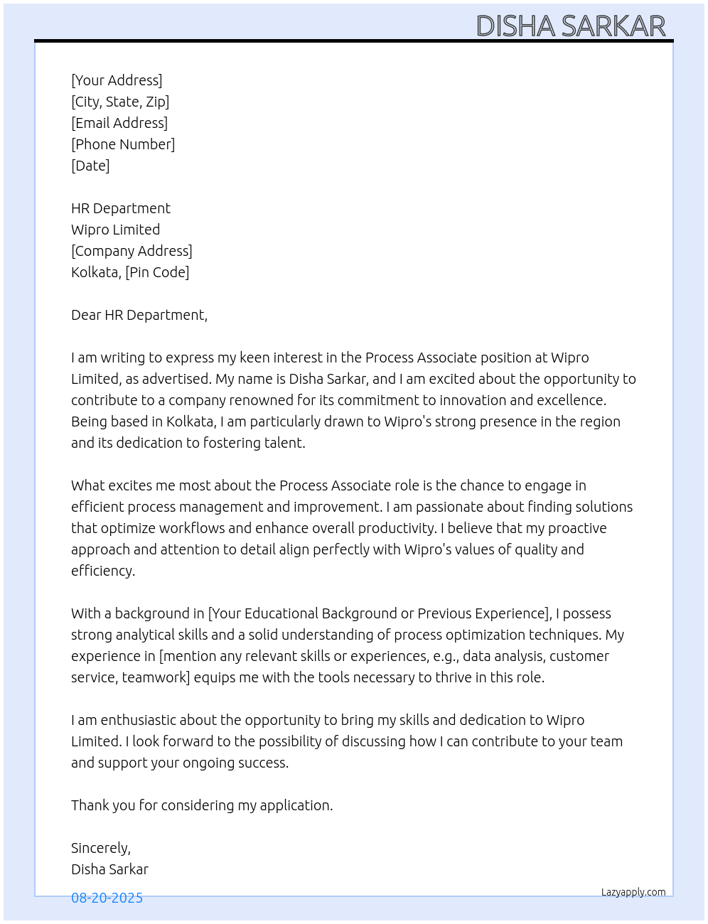 Process Associate At Wipro Limited Cover Letter
