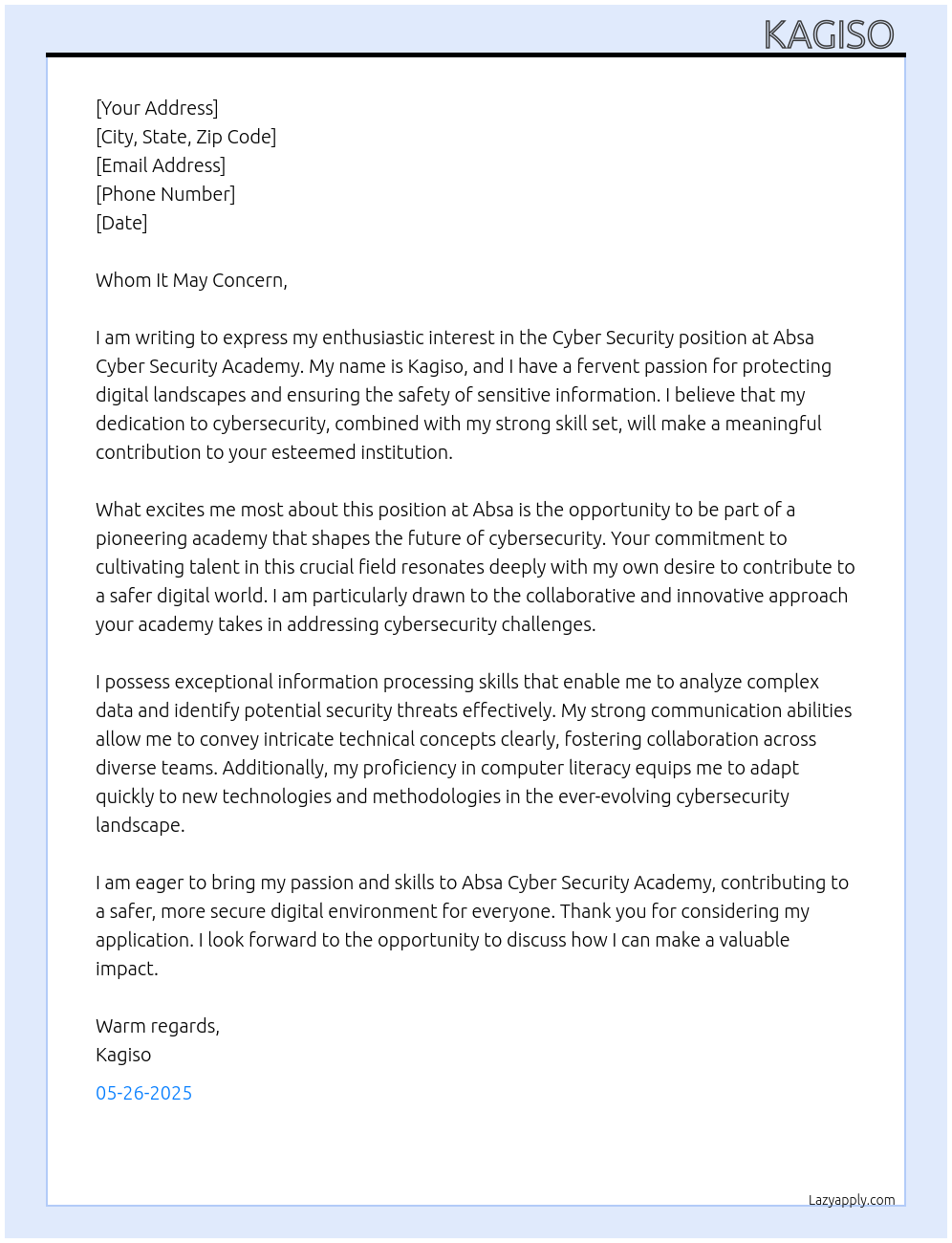 Cover letter for cyber security - LazyApply