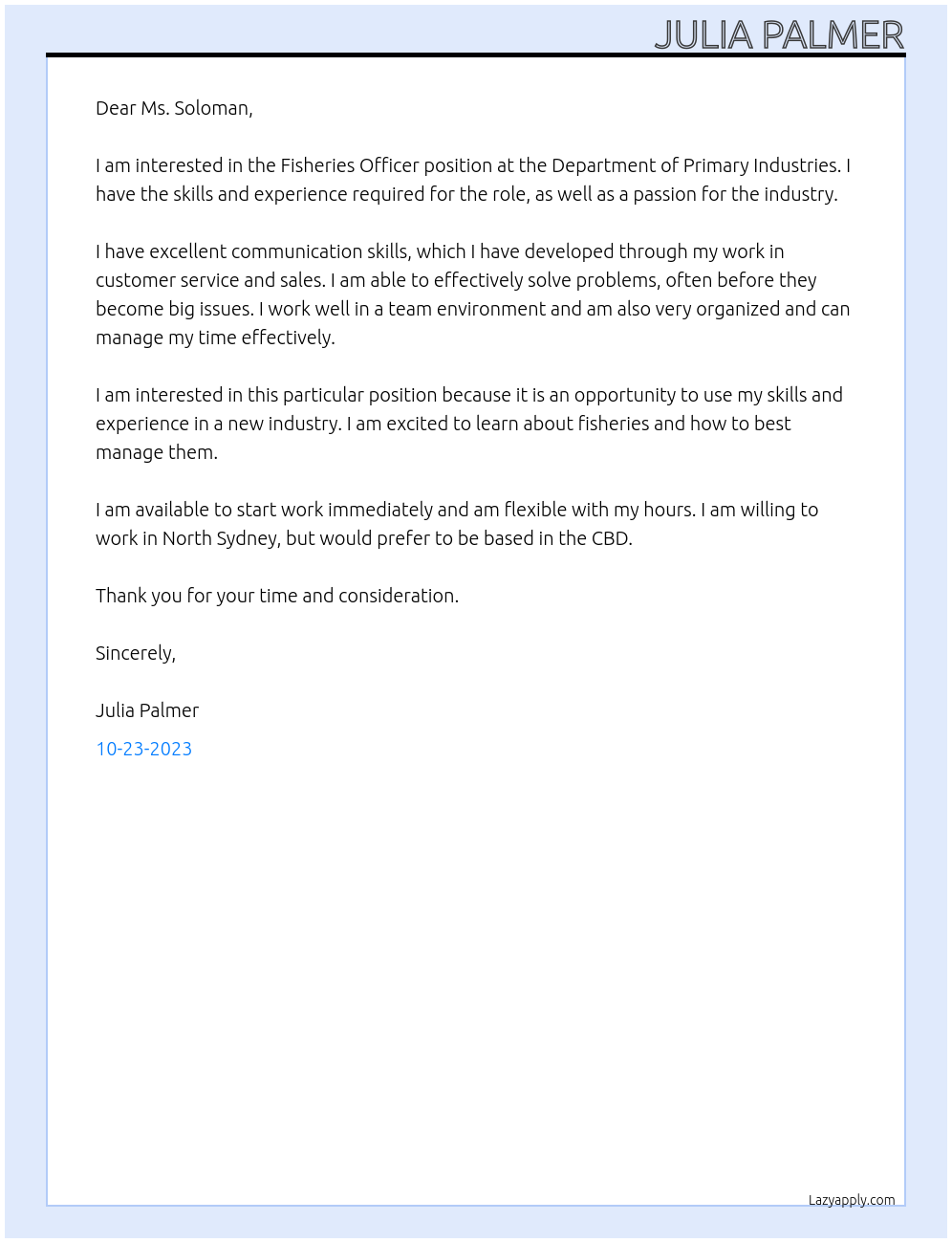 Fisheries Officer At Department of Primary Industries Cover Letter