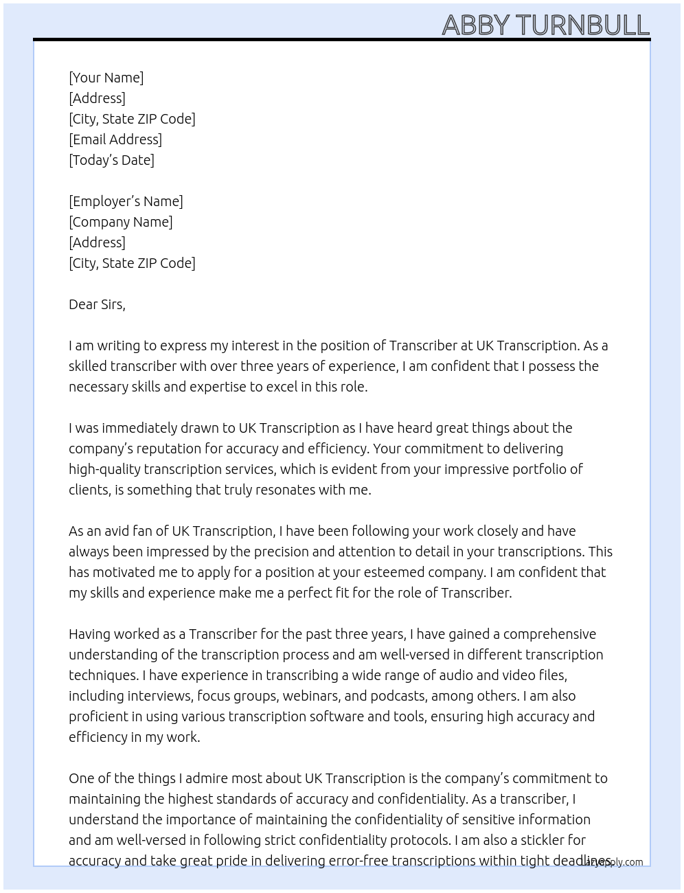 Transcriber At UK Transcription Cover Letter