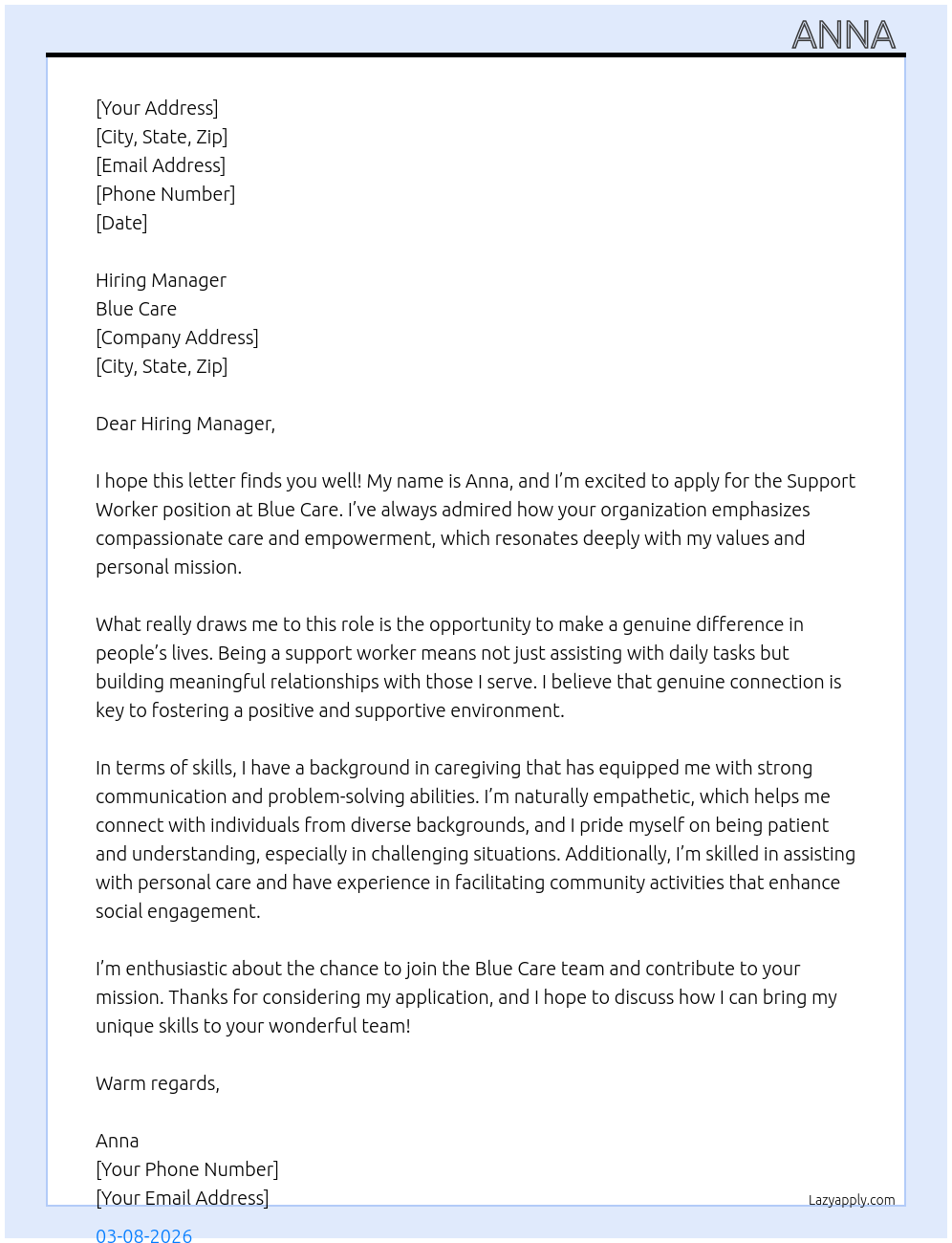 Cover letter for support worker - LazyApply