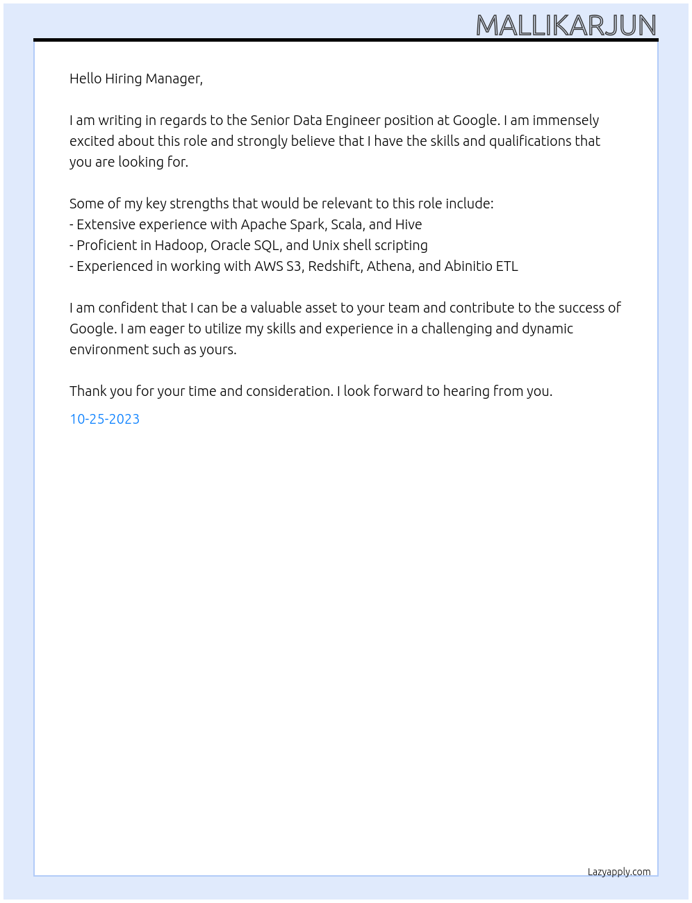 Senior Data Engineer At Google Cover Letter