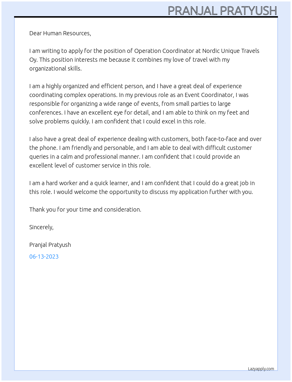 Operation Coordinator At Nordic Unique Travels Oy Cover Letter