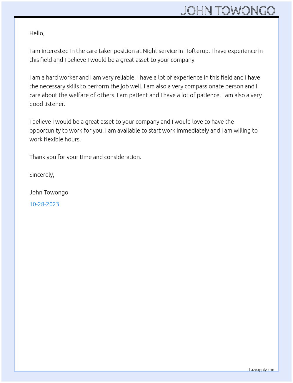 care taker  At Night service in Hofterup Cover Letter