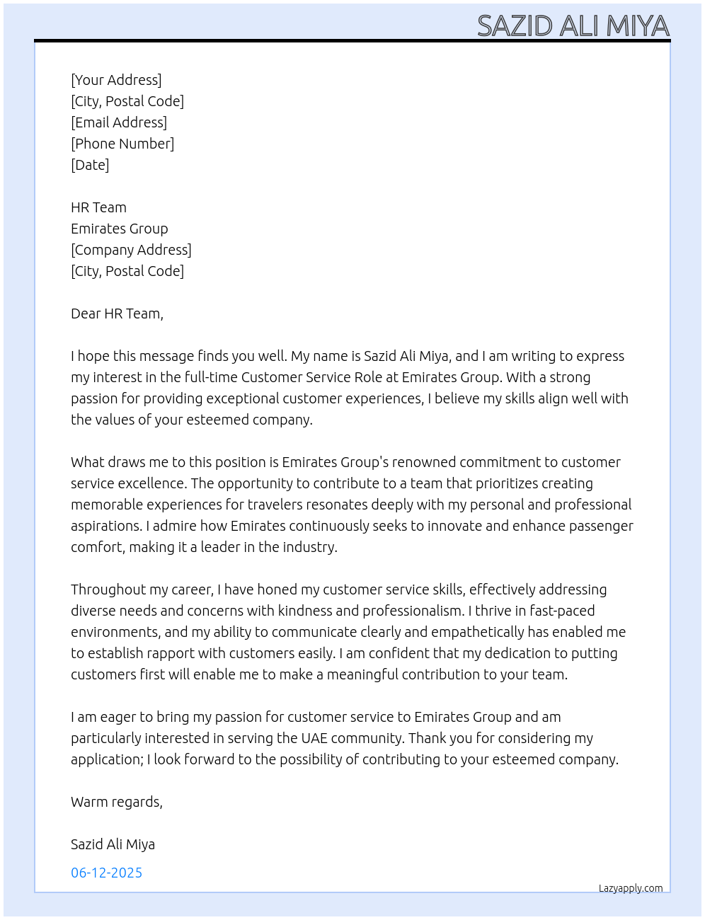 Customer Service Role At Emirates Group Cover Letter