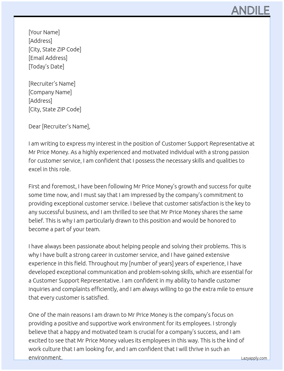 Customer Support Representative At Mr Price Money Cover Letter