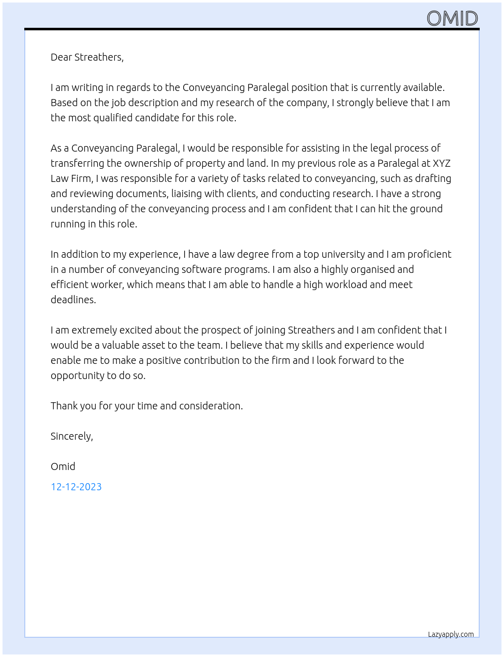 Conveyancing Paralegal At Streathers Cover Letter