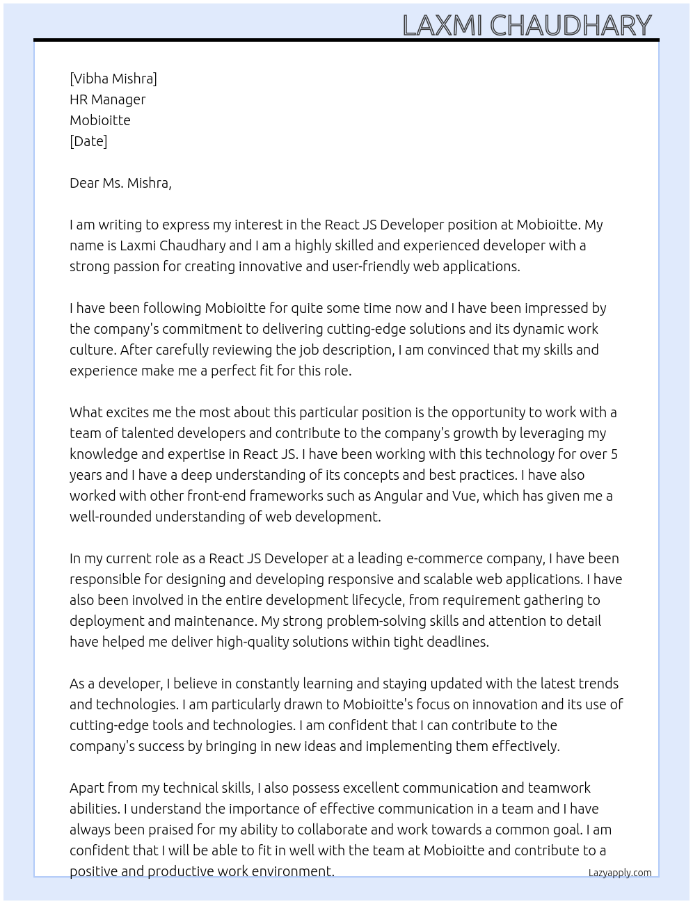 React js Developer At Mobioitte Cover Letter