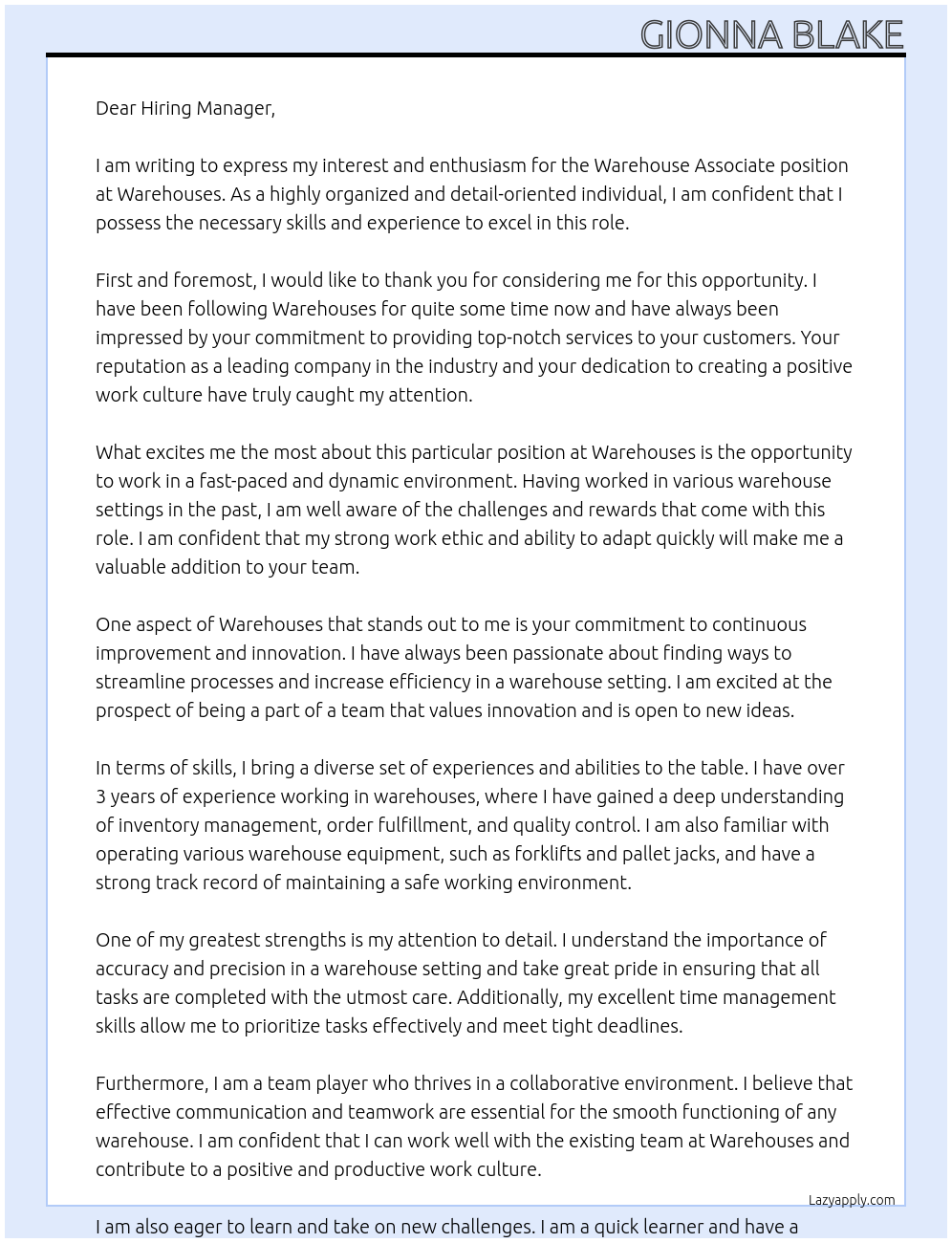 Warehouse  Associate  At Warehouses  Cover Letter