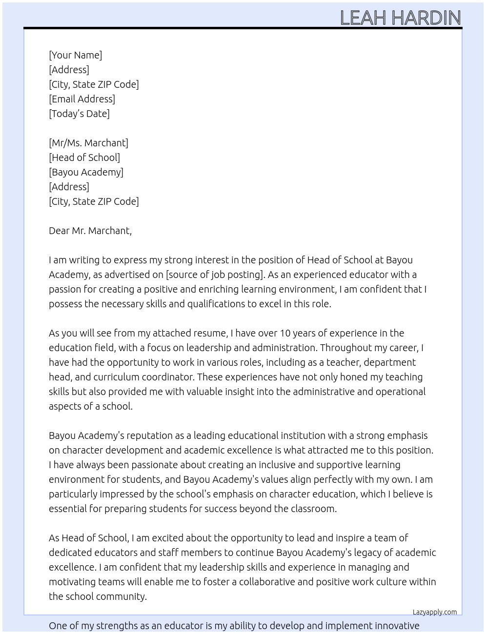 Cover letter for head of school - LazyApply