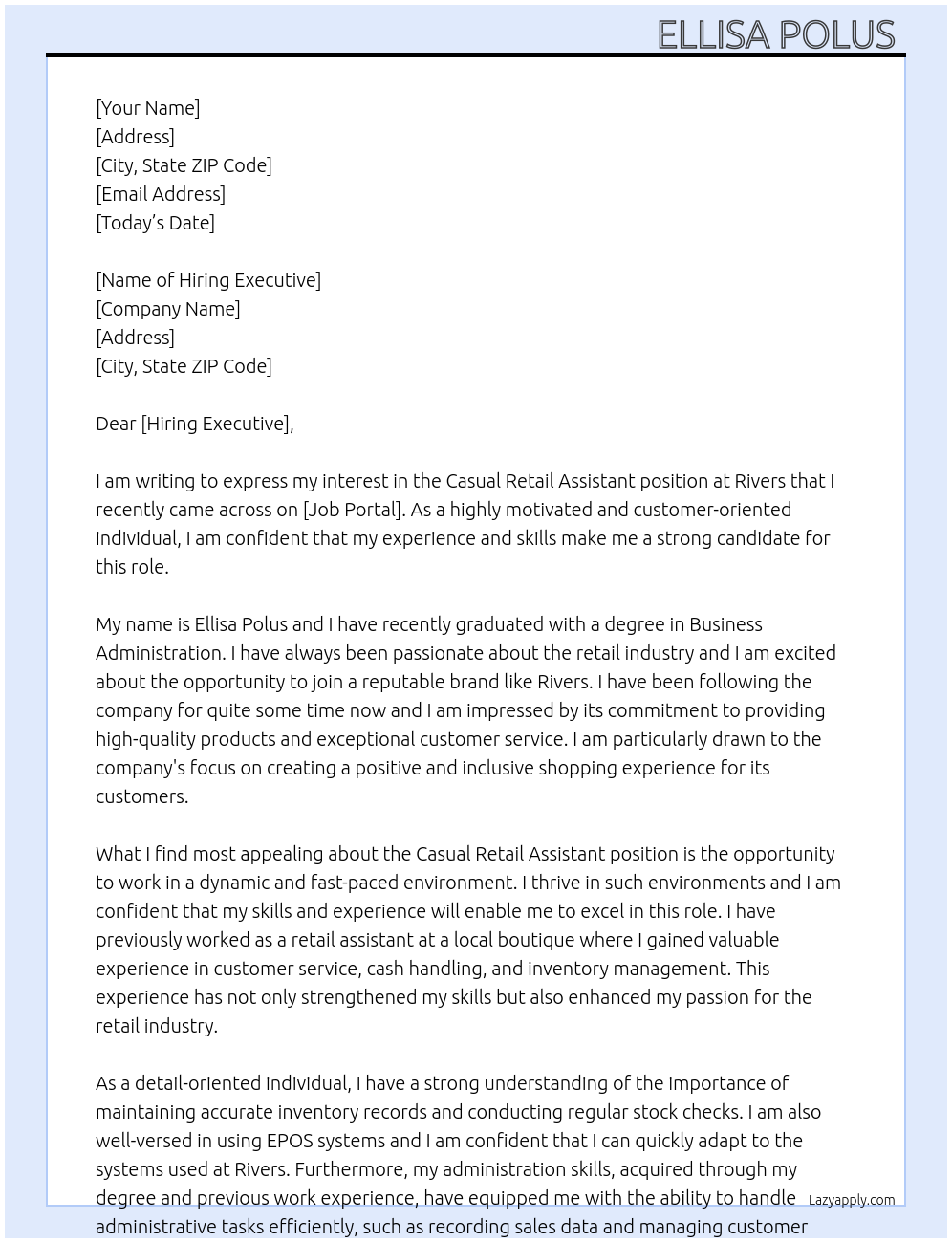 Casual retail assistant At Rivers Cover Letter