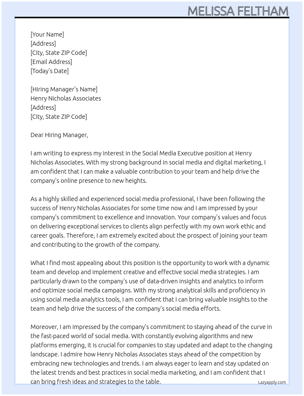 Social Media Executive At Henry Nicholas Associates Cover Letter