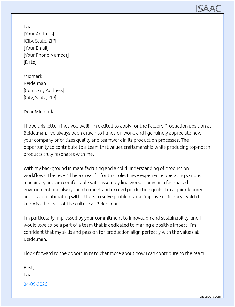 Factory Production At Beidelman  Cover Letter