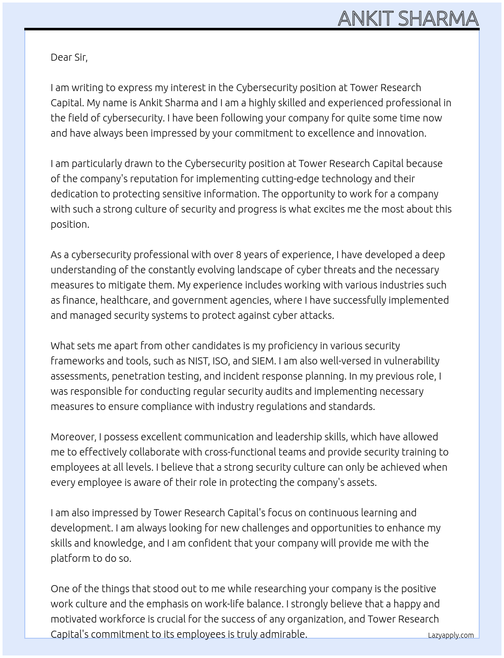 Cybersecurity  At Tower Research Capital Cover Letter