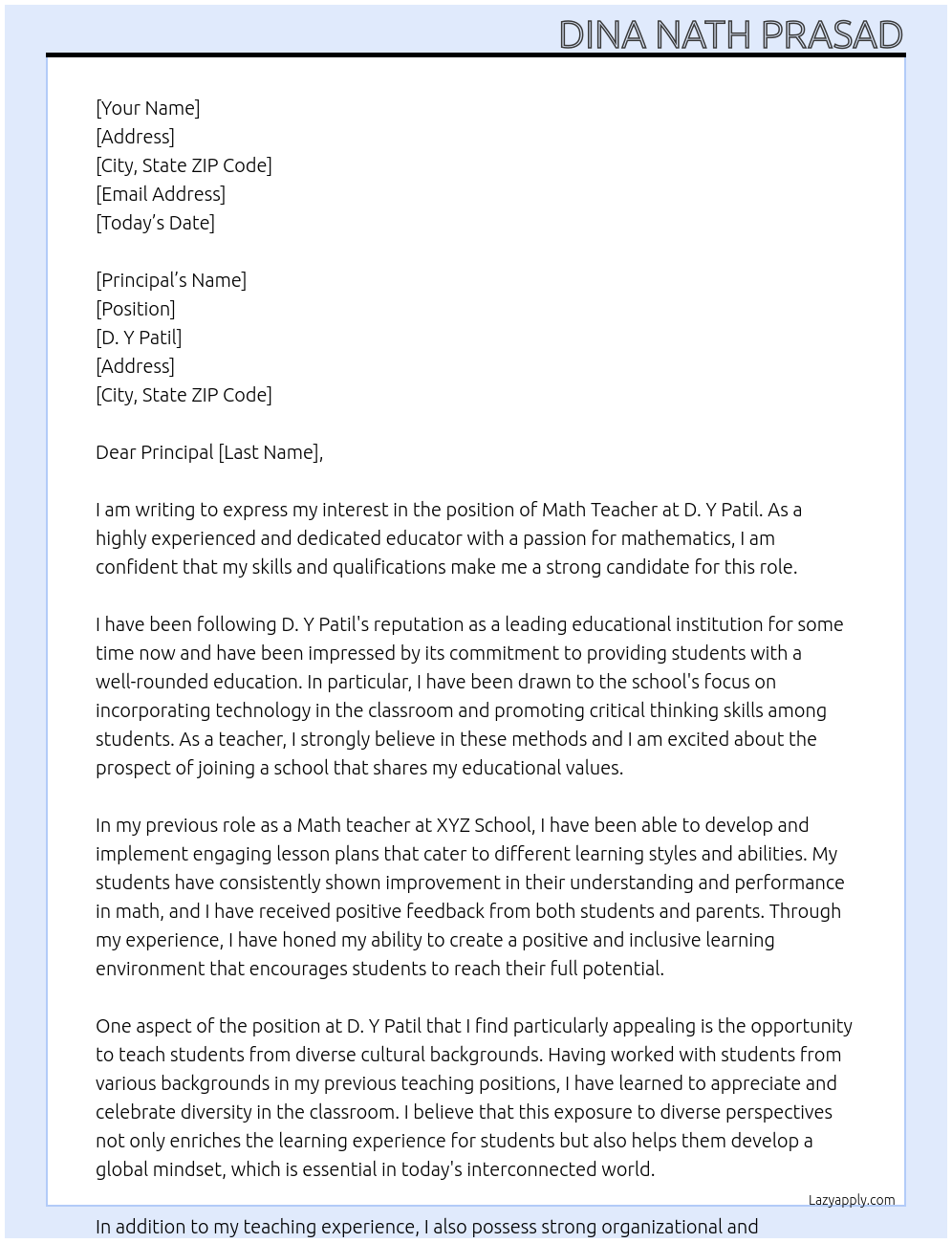 Maths teacher At D. y patil Cover Letter