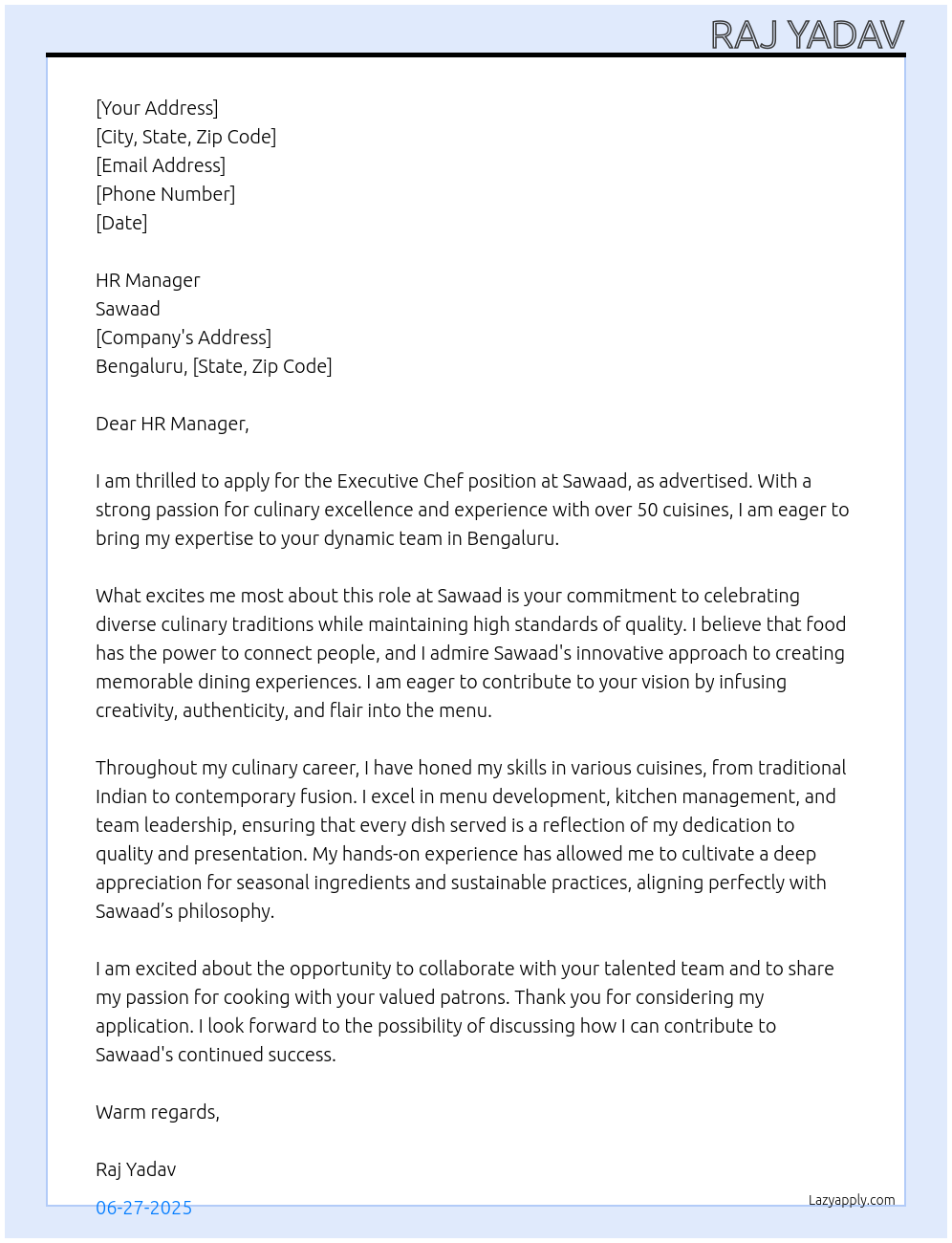 Executive Chef At Sawaad  Cover Letter