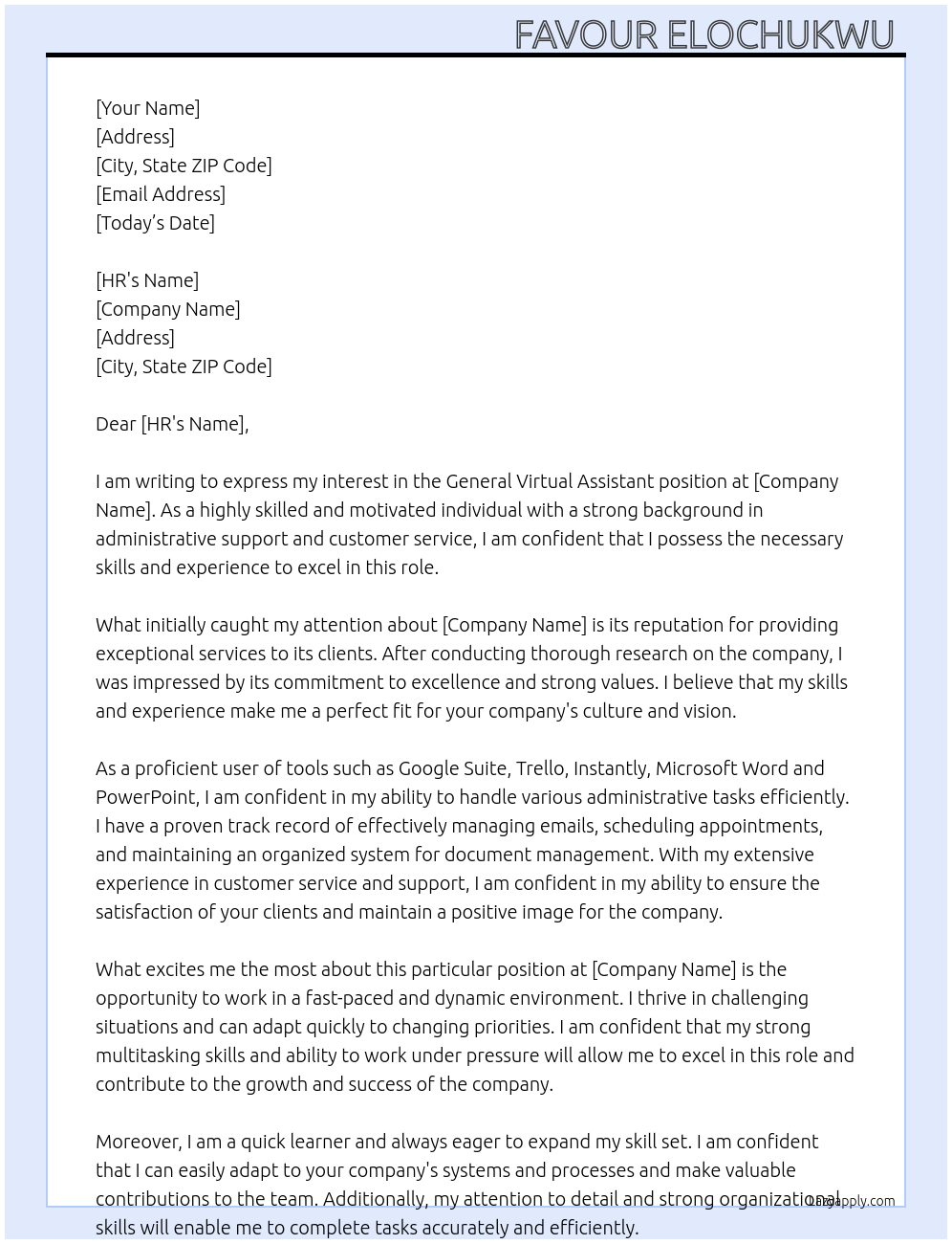 General Virtual Assistant At the company Cover Letter