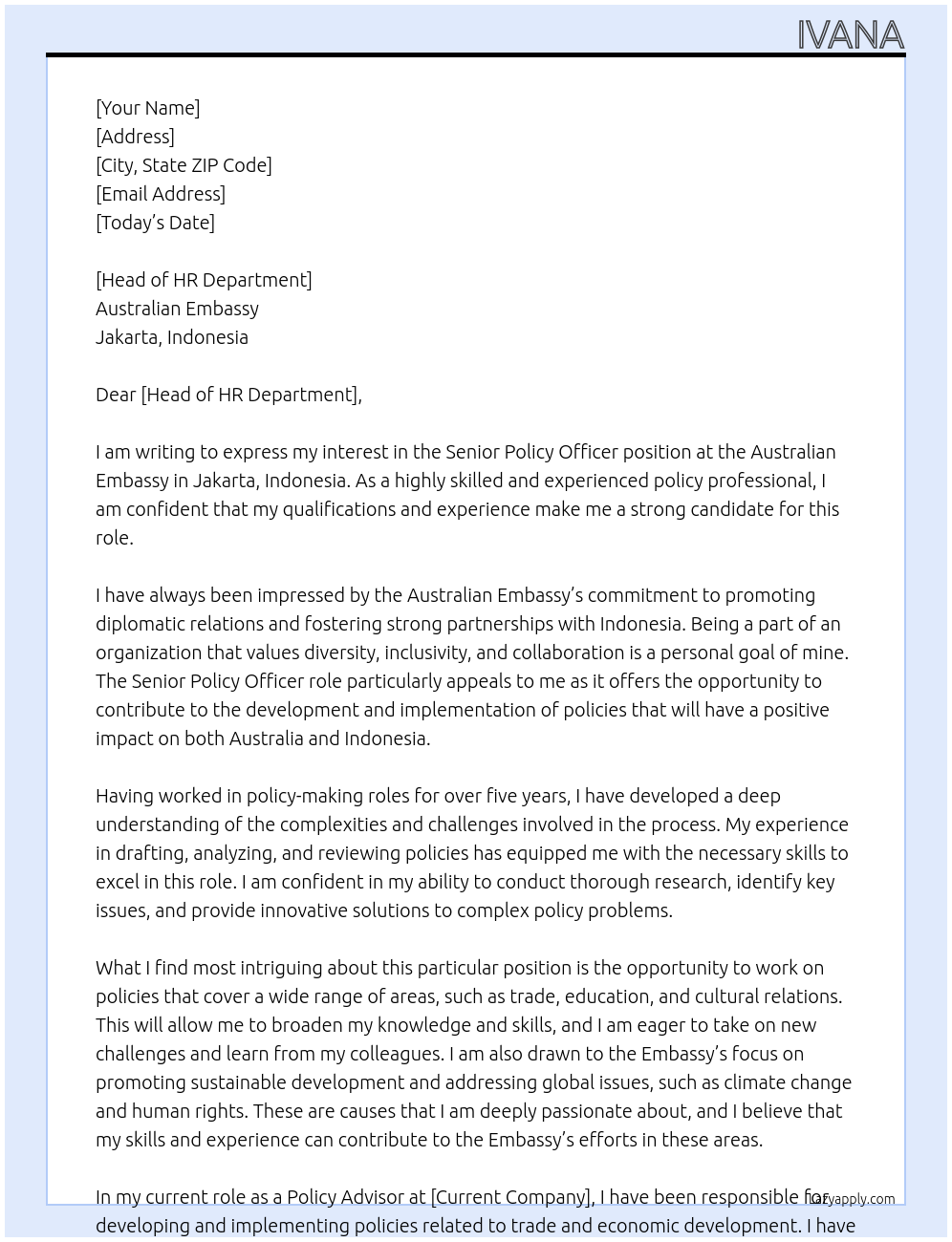 Senior Policy Officer At Australian Embassy, Jakarta, Indonesia Cover Letter