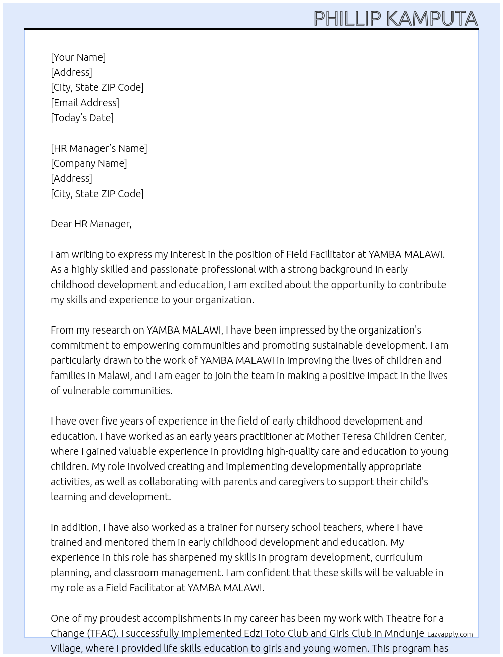 FIELD FACILITATOR At YAMBA MALAWI Cover Letter