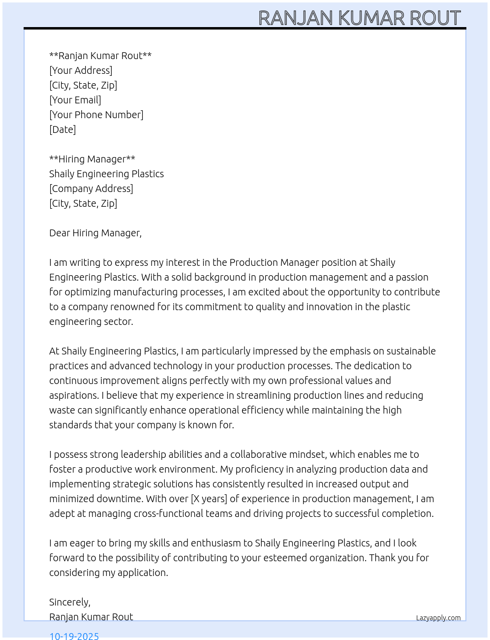 Production manager At shaily engineering plastics Cover Letter