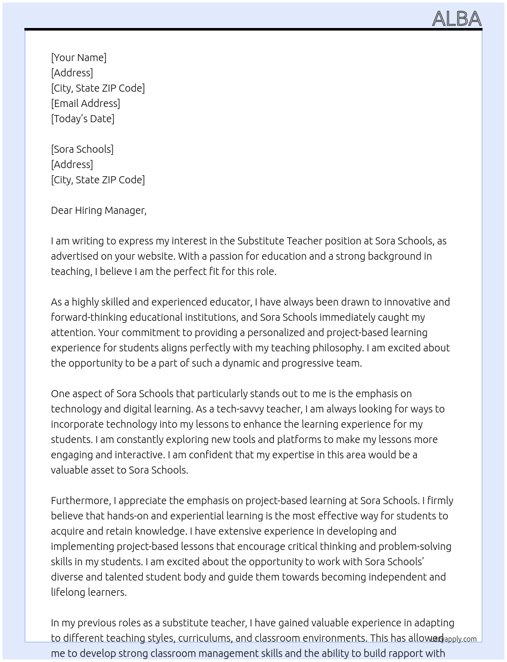 substitute teacher At Sora Schools Cover Letter