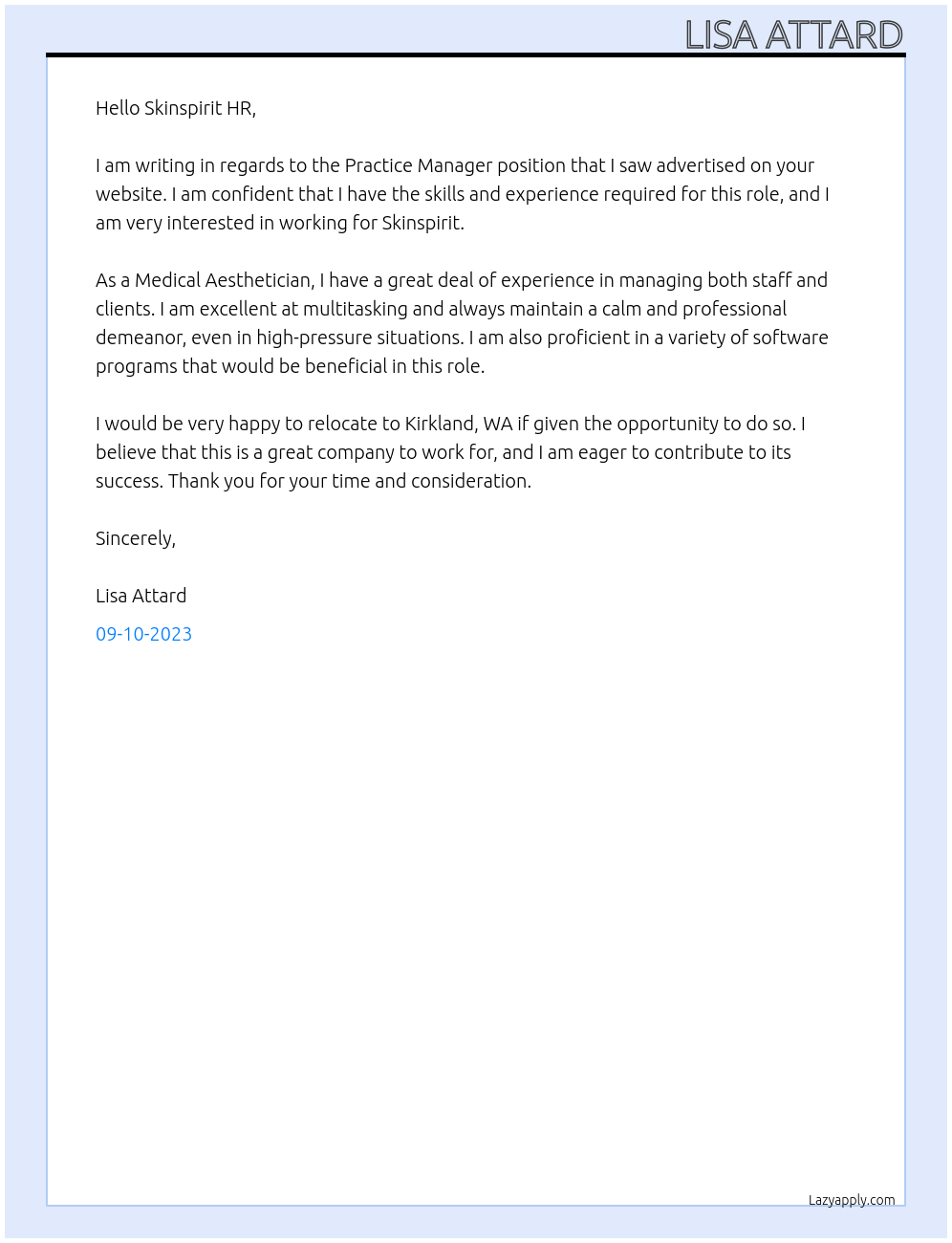 Practice manager At Skinspirit Cover Letter