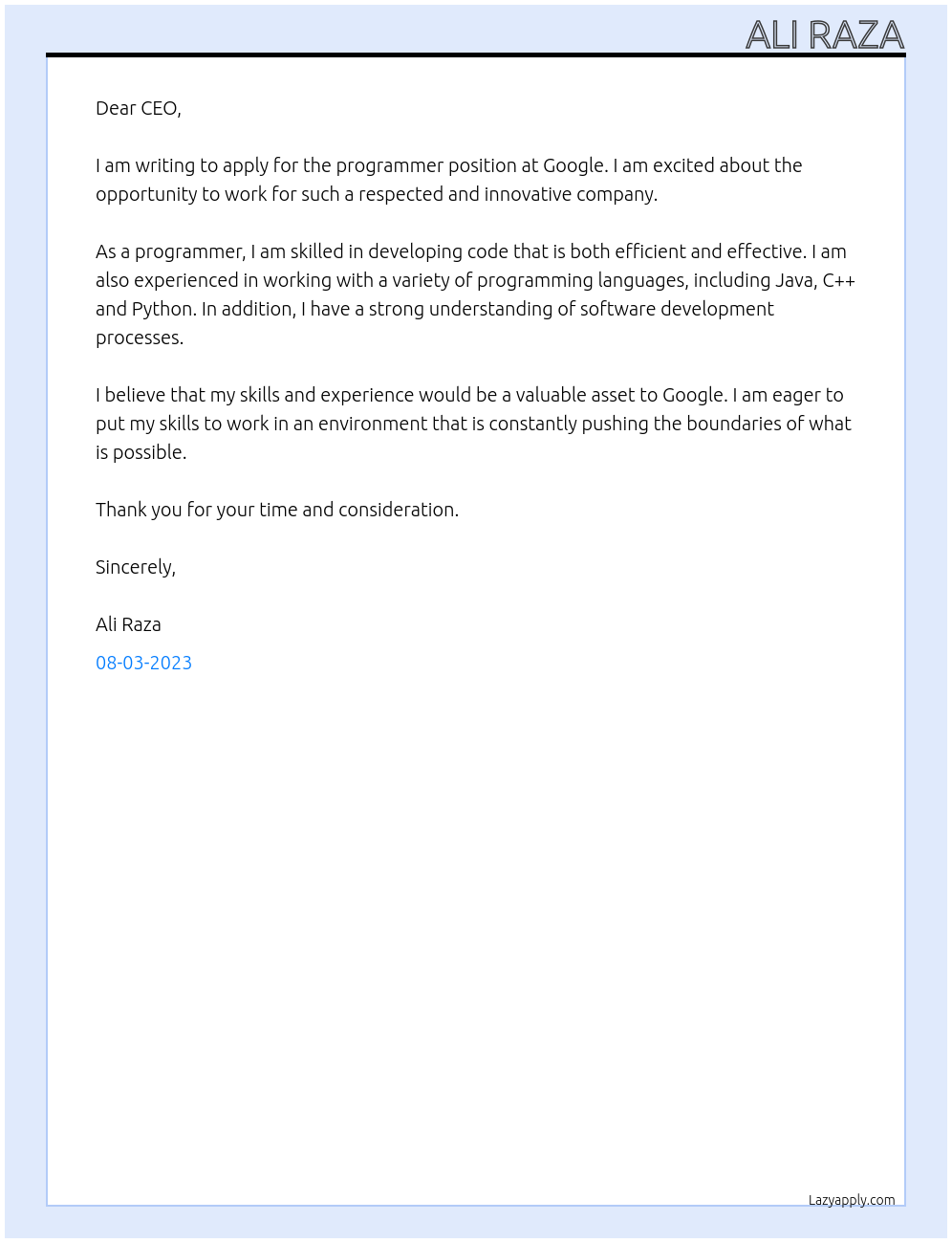 Programmer At Google Cover Letter