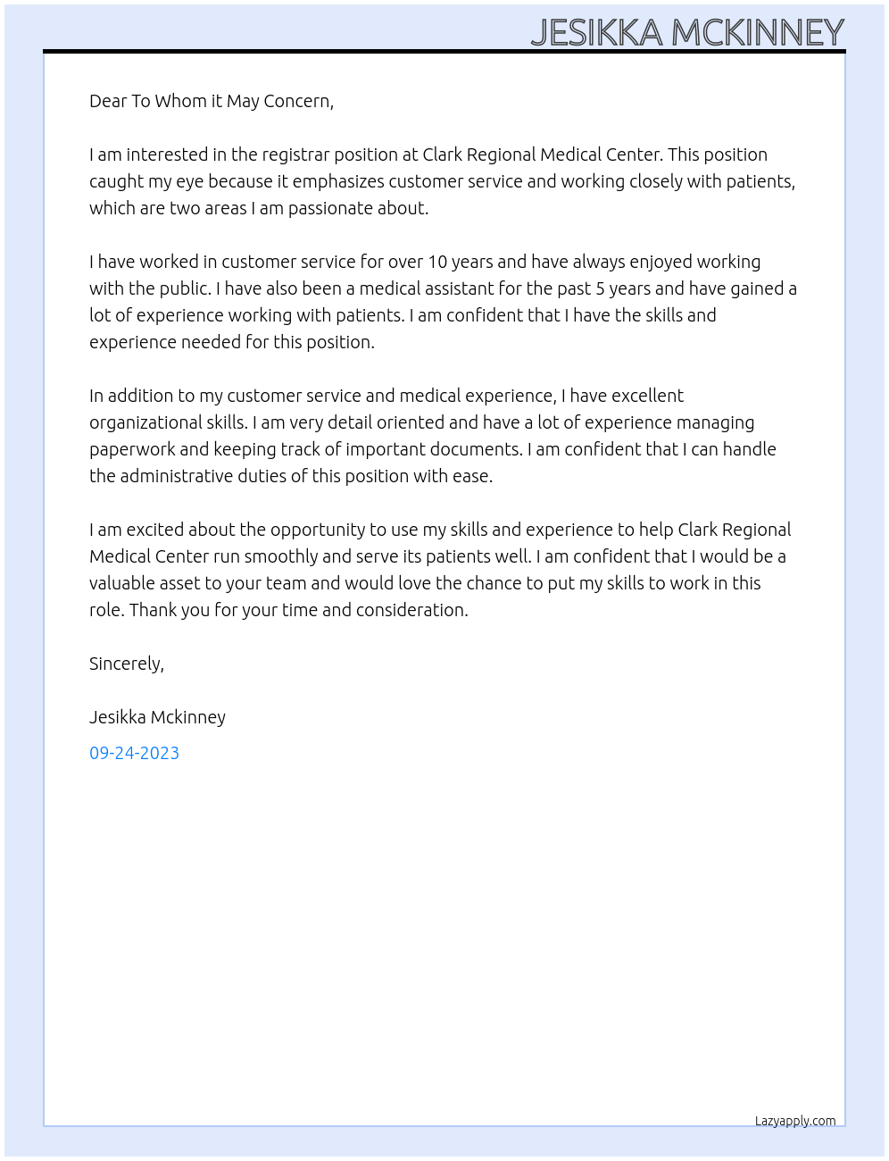 Registrar At Clark Regional Medical Center Cover Letter