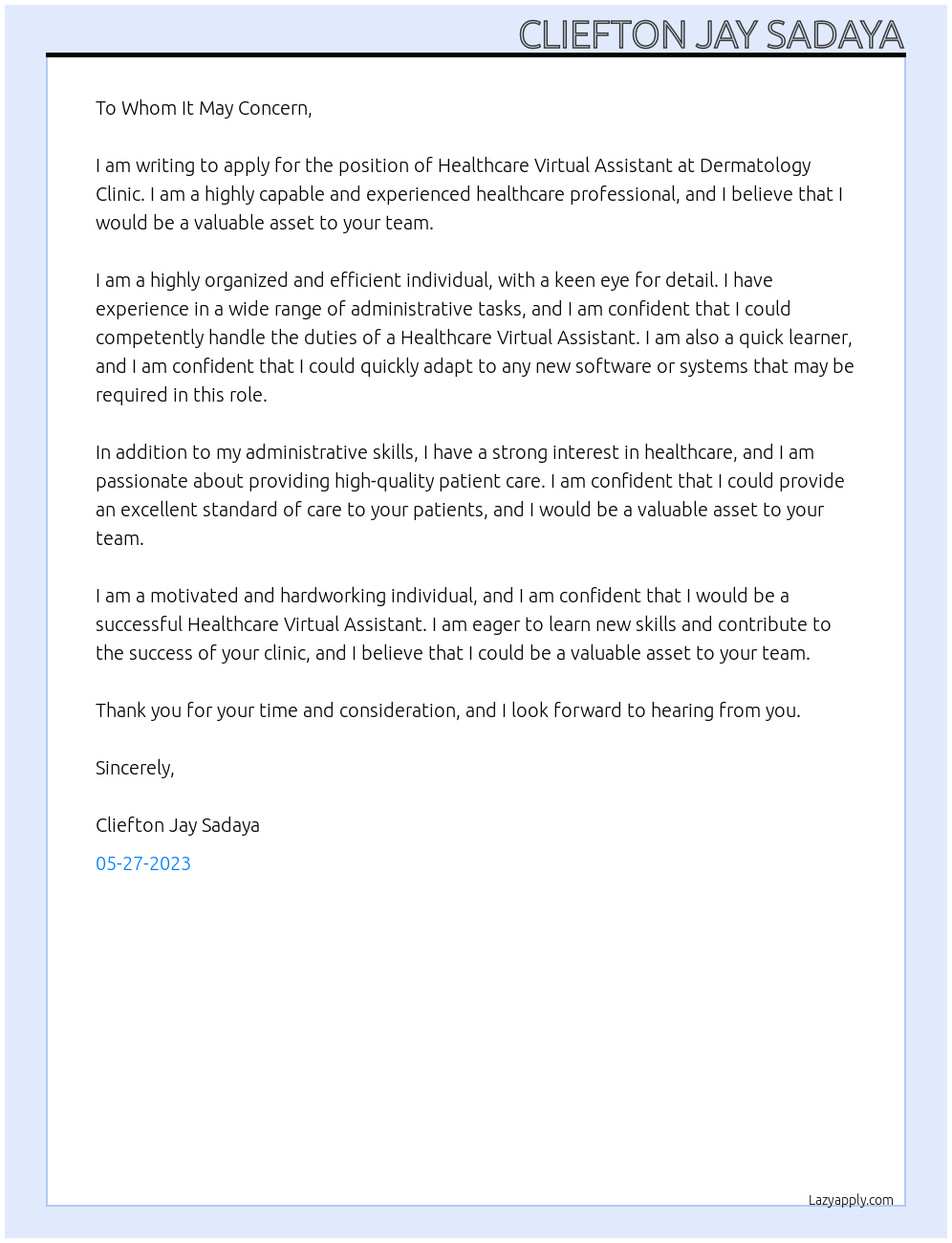 Healthcare Virtual Assistant At Dermatology Clinic Cover Letter