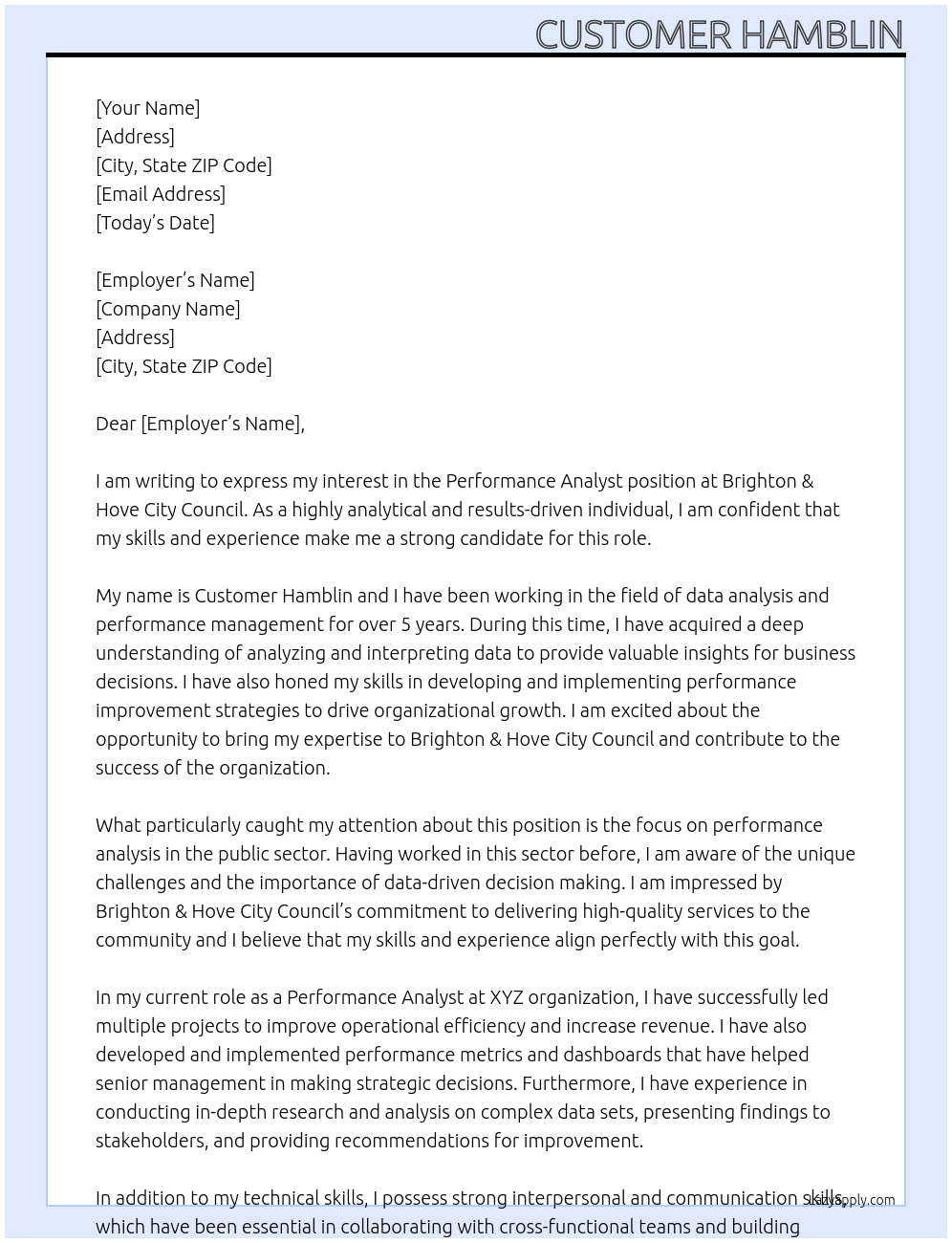 performance analyst At Brighton & Hove City Council Cover Letter