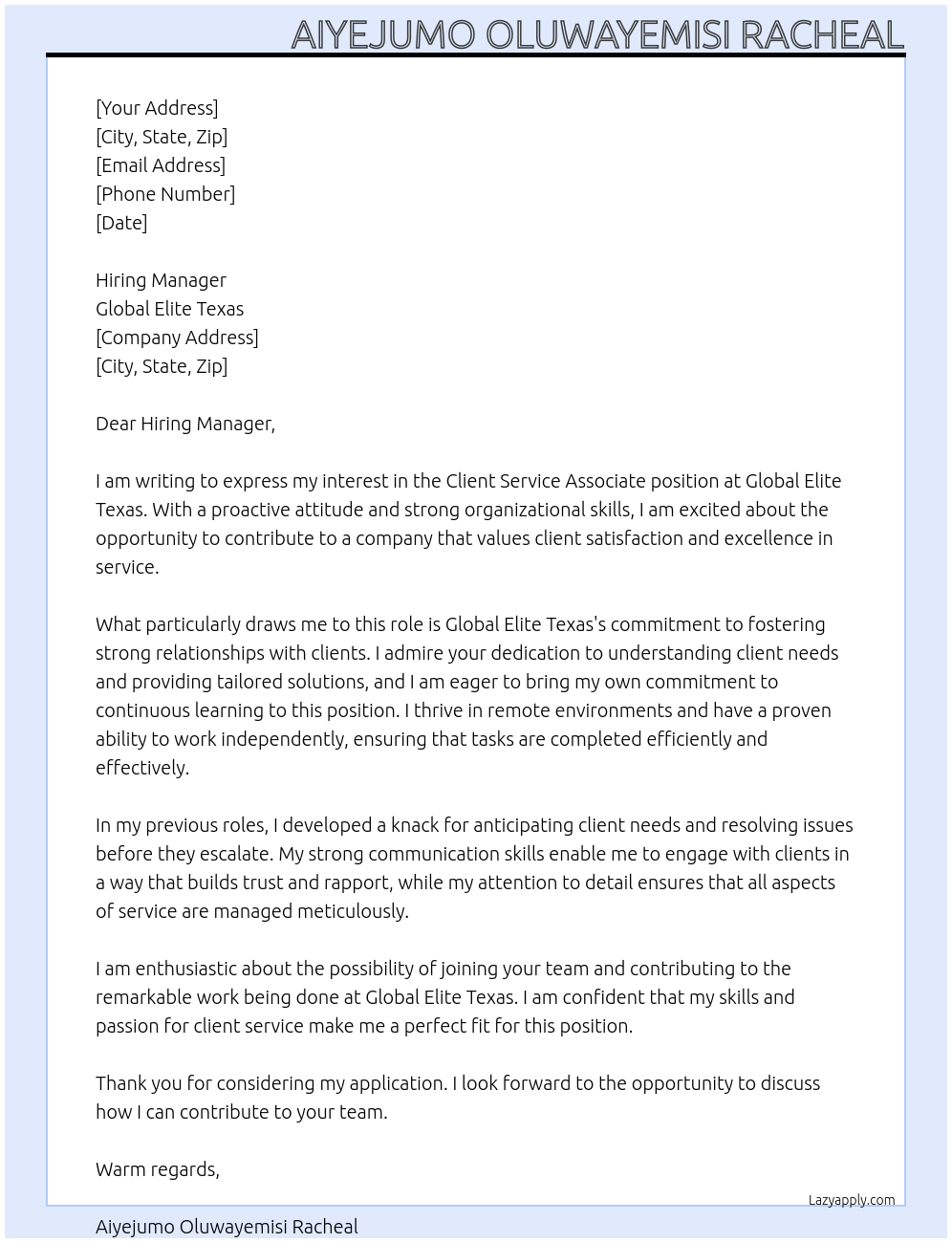 Client service associate  At Global Elite Texas Cover Letter