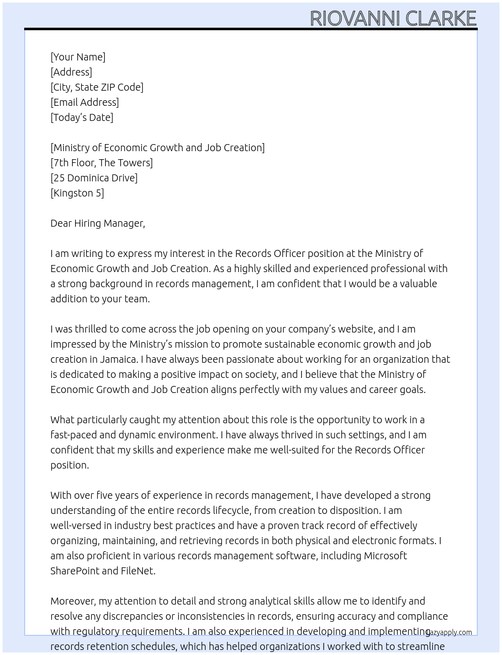 Records Officer At Ministry of Economic Growth and Job Creation Cover Letter