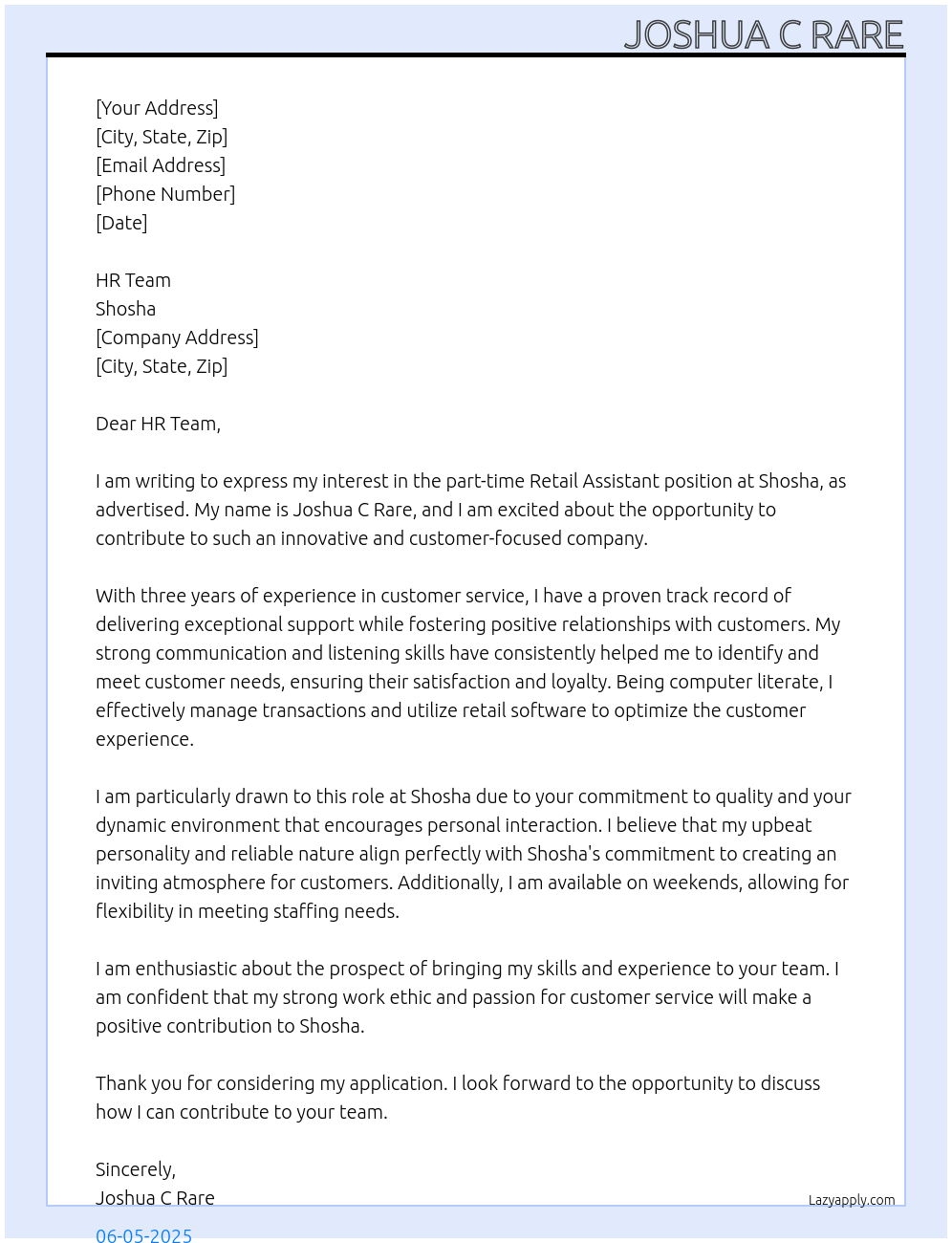 Retail Assistant At Shosha Cover Letter