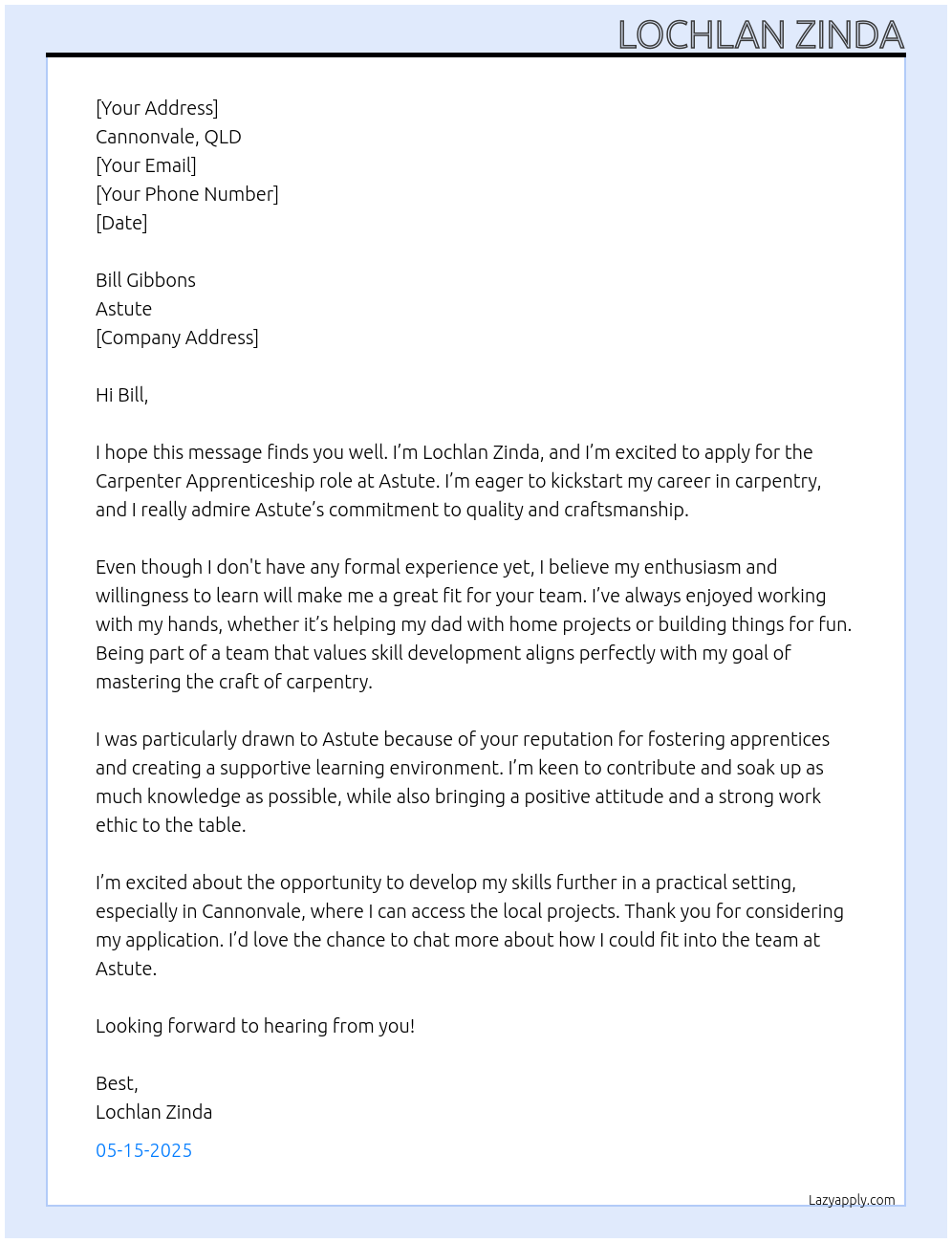 Carpenter At Astute Cover Letter