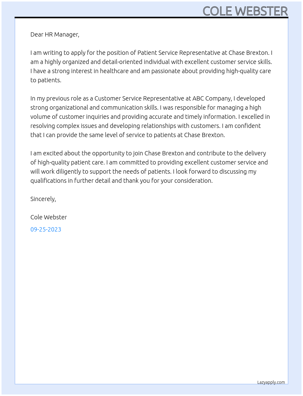 Patient Service Representative At Chase Brexton Cover Letter