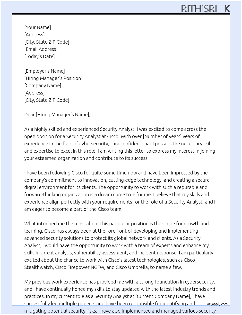 Security analyst At Cisco Cover Letter