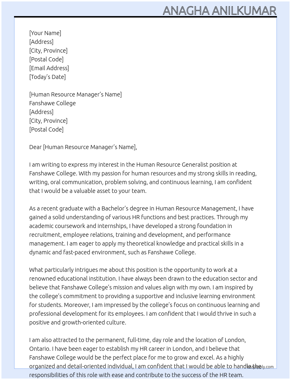 Human Resource Generalist At Fanshawe College Cover Letter