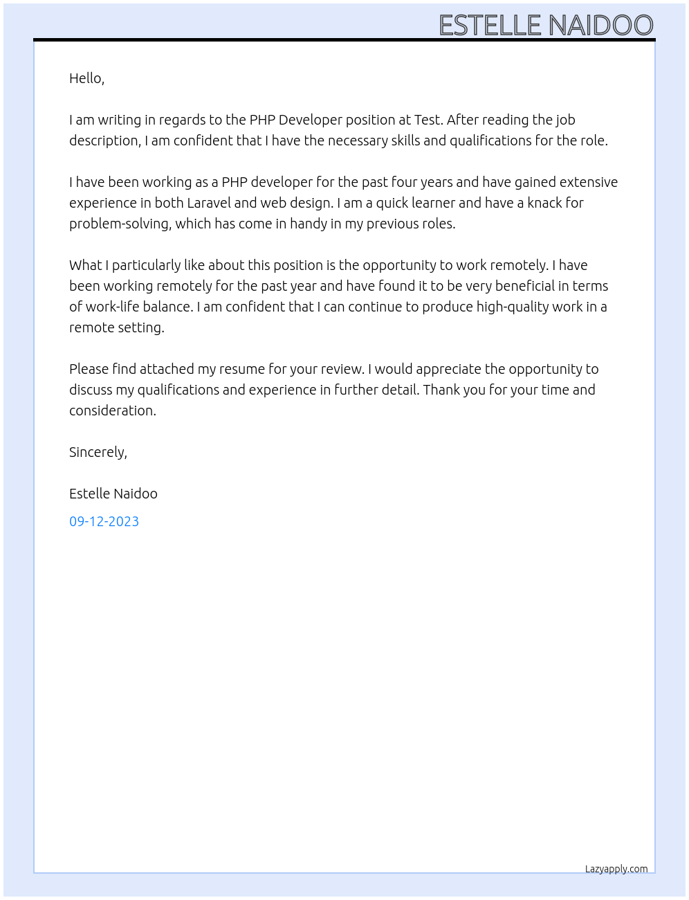 Php developer  At Test Cover Letter
