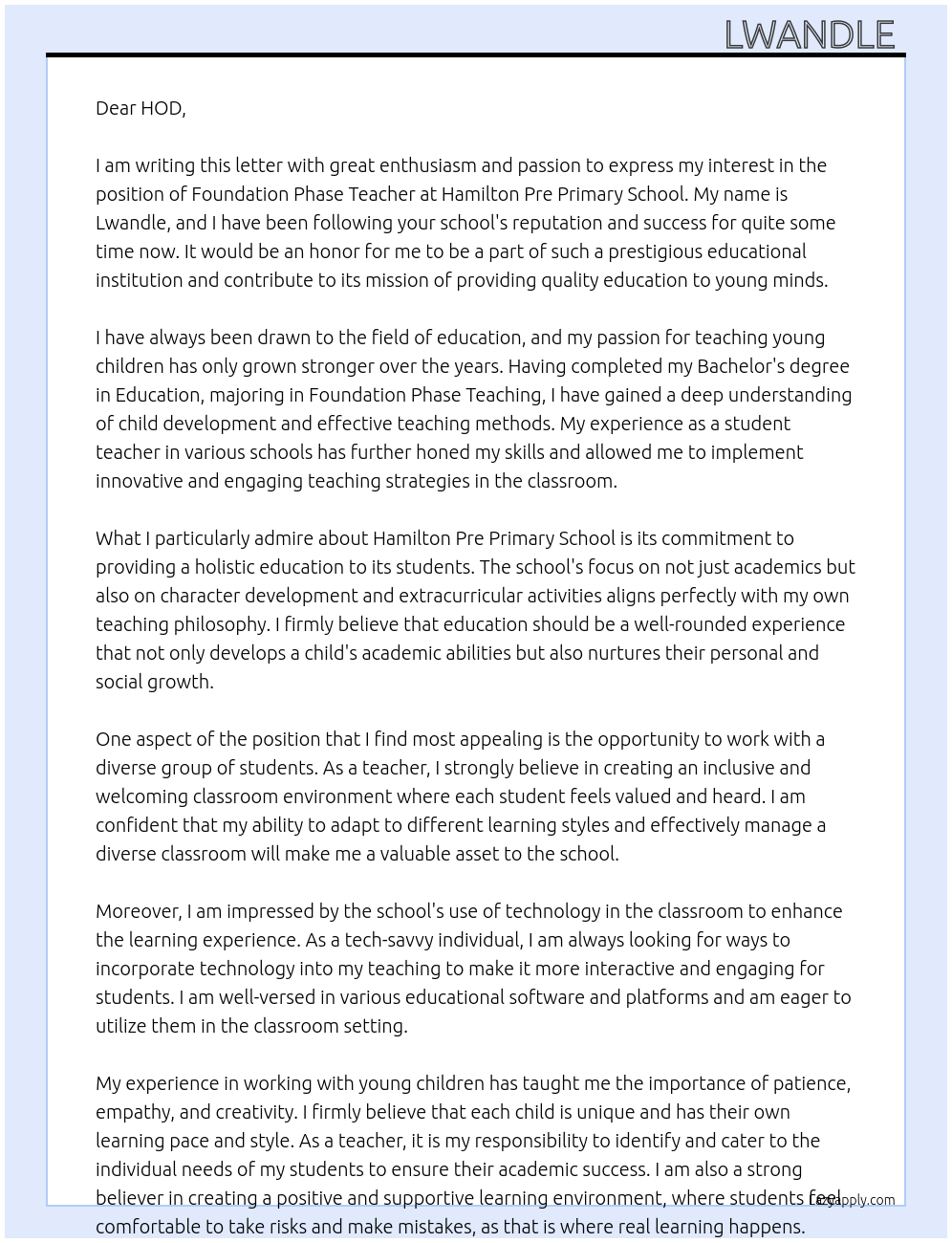Foundation Phase Teacher  At HAMILTON PRE PRIMARY SCHOOL Cover Letter