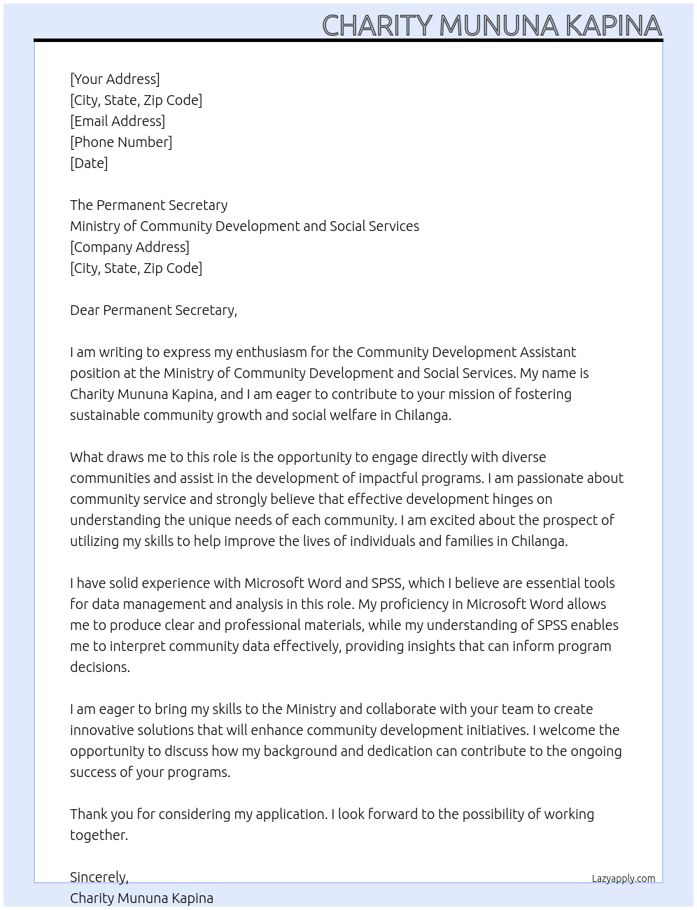 community development assistant At Ministry of Community Development and Social Services Cover Letter