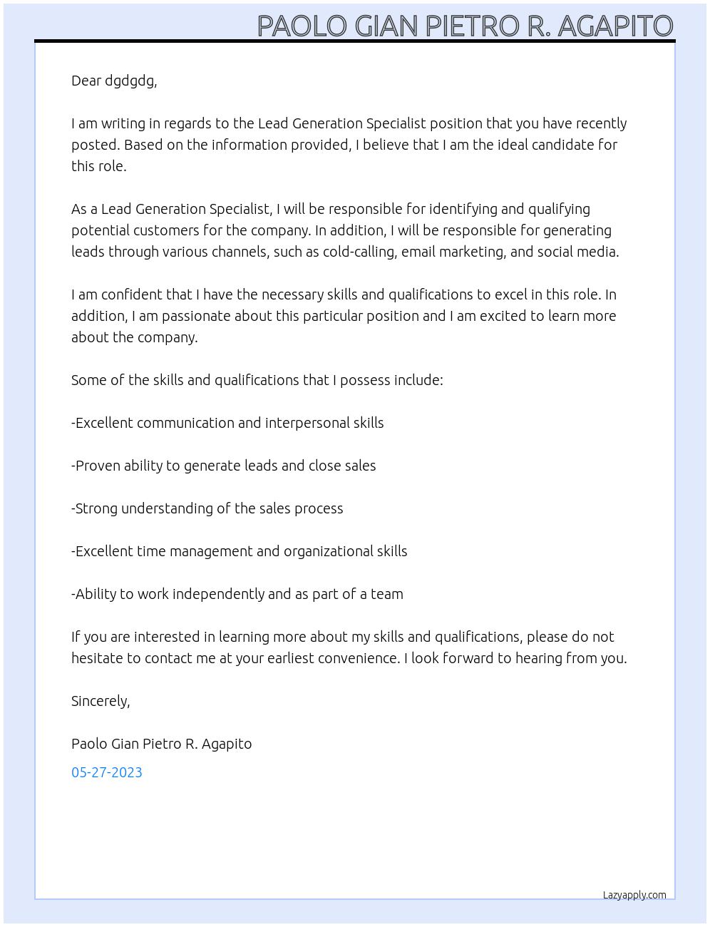 Lead Generation Specialist At dgdgdg Cover Letter