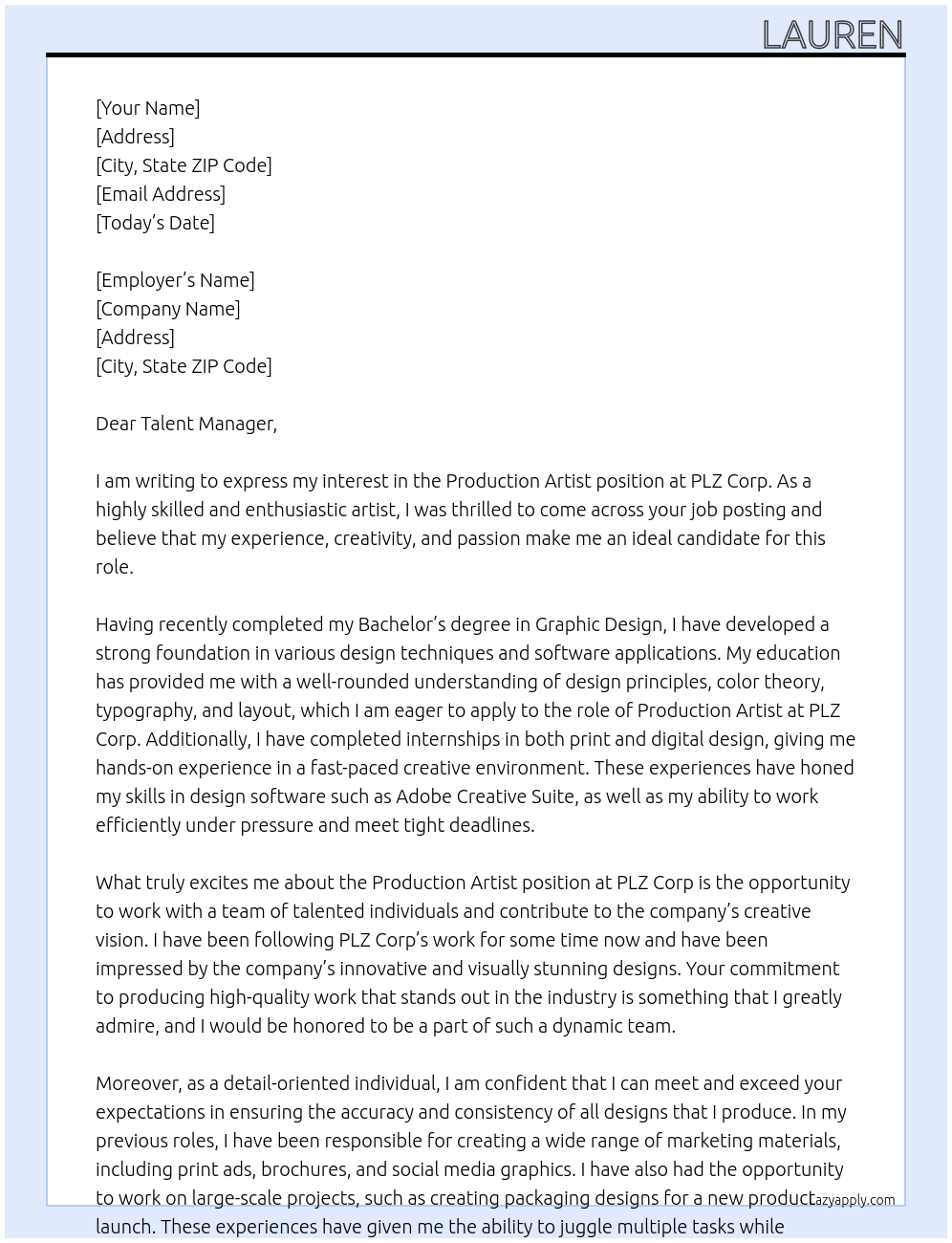 Production Artist At PLZ Corp Cover Letter