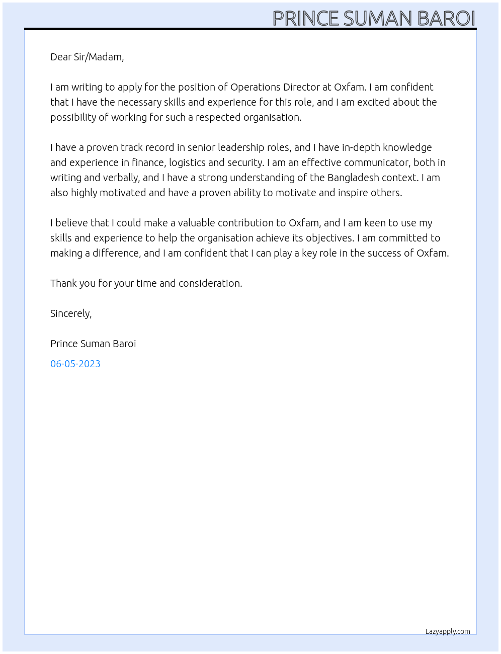 Operations Director At Oxfam Cover Letter