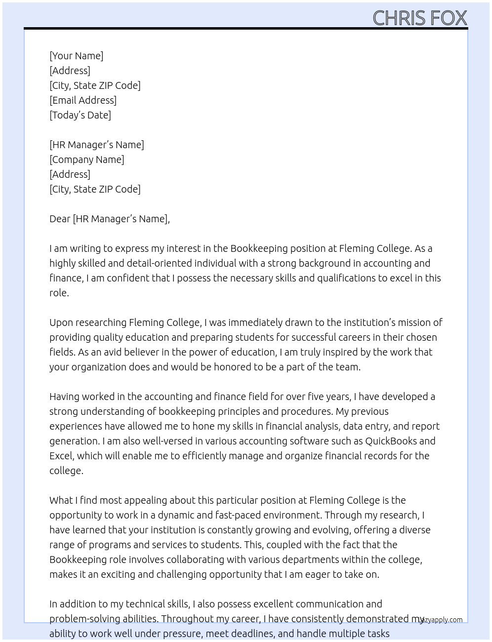 Bookkeeping  At Fleming College Cover Letter