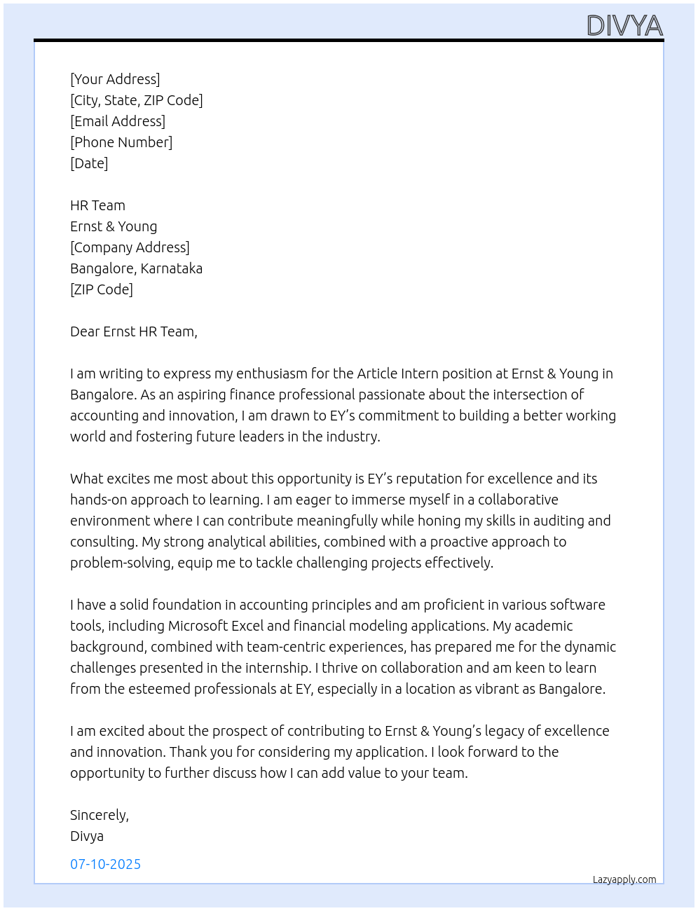 Article intern At Ernst & Young Cover Letter