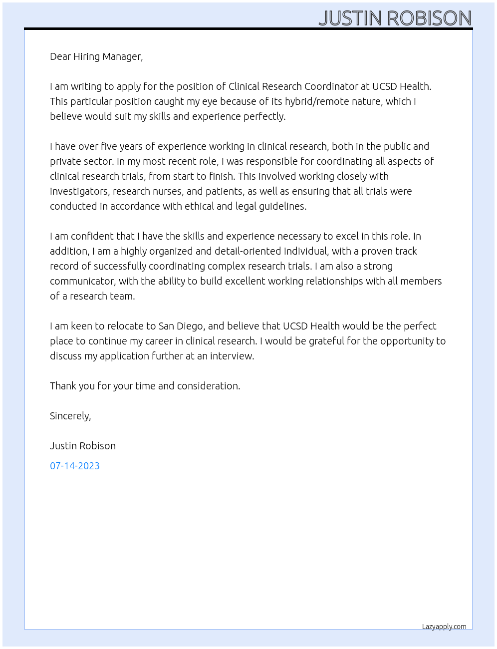 Clinical Research Coordinator At UCSD Health Cover Letter