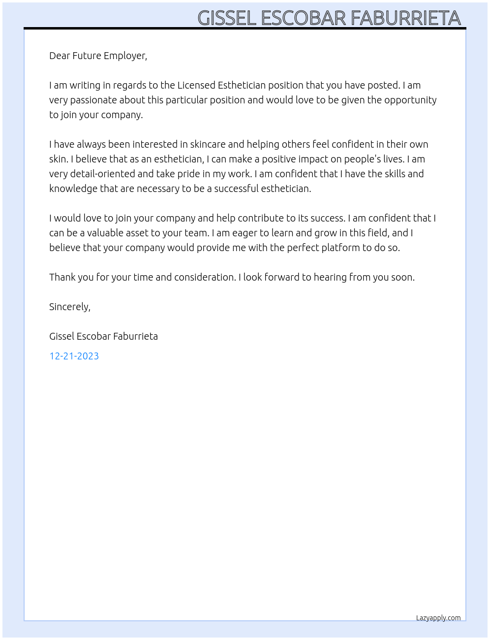 Licensed Esthetician  At Future Employer Cover Letter