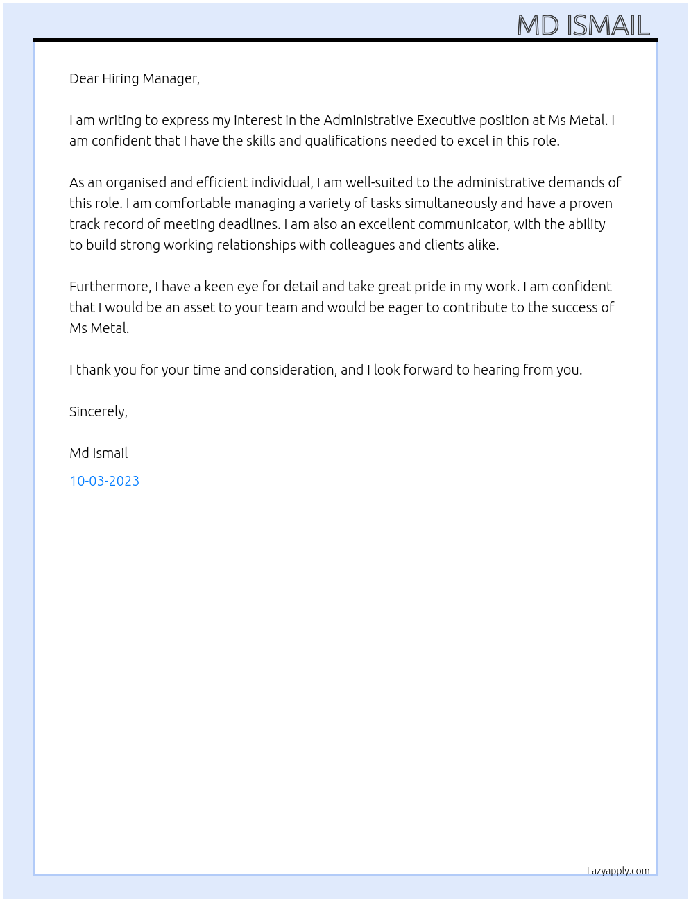 Administrative Executive At Ms Metal Cover Letter