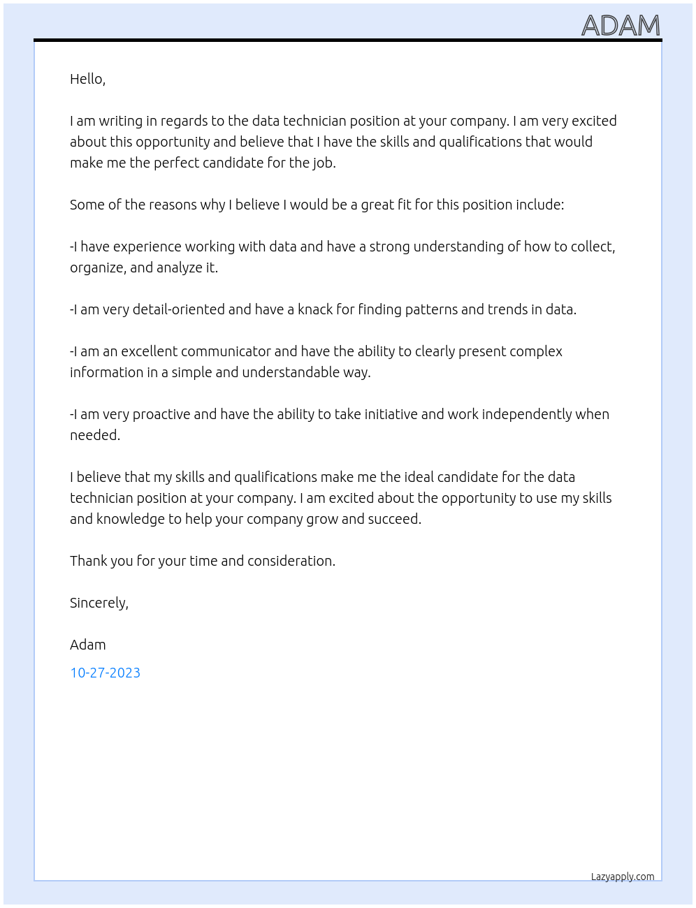 data technician At unknon Cover Letter